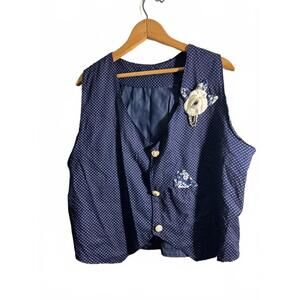 Navy Blue Polka Dot Vest Unique Crochet Flower/Buttons Large